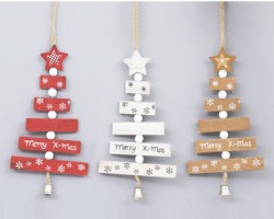 Decorazione pendente per porta 35cm, in legno con scritta Merry Xmas e campanella, colori assortiti