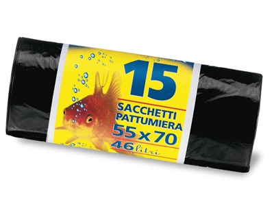 SacchI neri pattumiera misura 55x70cm, in rotolo con fascetta, bassa  densità, capacità 46l, conf. da 15pz - OFBA srl