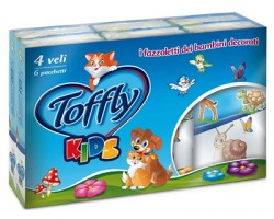 Toffly Kids 9 Fazzoletti in cellulosa decorata a 4 veli, goffratura perimentrale, 6 pacchetti