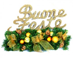 Decorazione Buone feste glitter oro con rami verdi decorati con fiocchi, pigne, sfere e bacche, misure 46x33cm