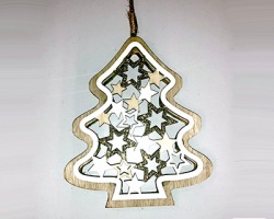 Decorazione per albero, Albero in legno naturale con stelle bianche e oro, 15cm