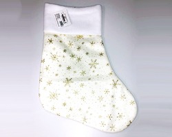 Calza Befana in panno oro 23x43cm h, con decorazioni fiocchi di neve oro glitter