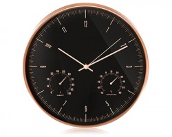 Orologio da parete con termometro e igrometro, misura 30cm, colore oro/nero