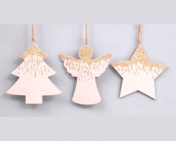 Decorazione per albero in legno rosa con glitter oro, misura 12cm, modelli assortiti - 1pz