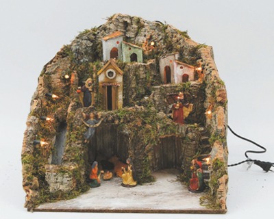 Presepe completo misura 45x36x42cm con casette, luci, cascata